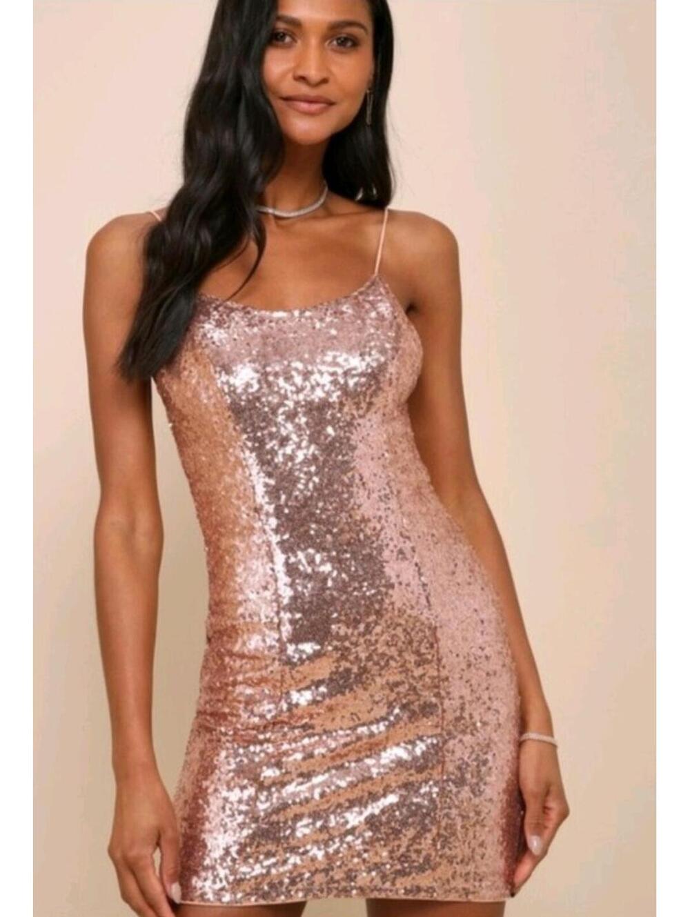 Lulu's Dress Sequin Mini Rose Gold Bodycon Bring It Small NWT Hoco Holiday Glam